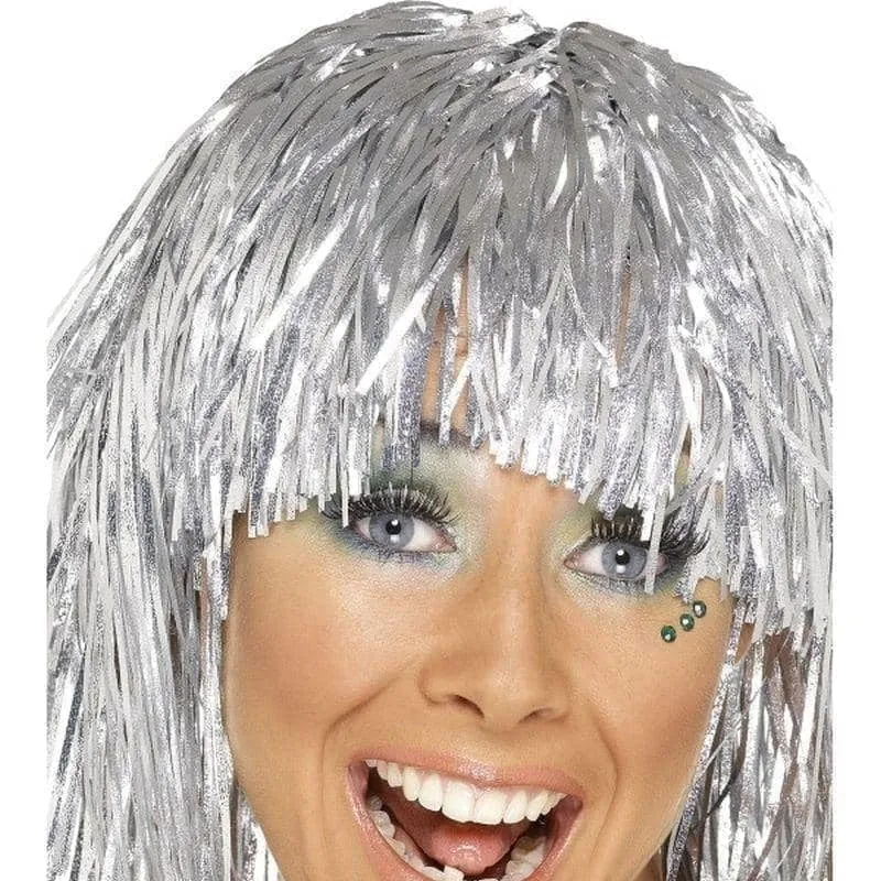 70s Cyber Tinsel Wig Adult Silver Metallic