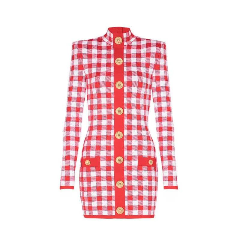 Abby Long Sleeve Gingham Mini Dress with Button Embellishments – Trendy & Chic Style