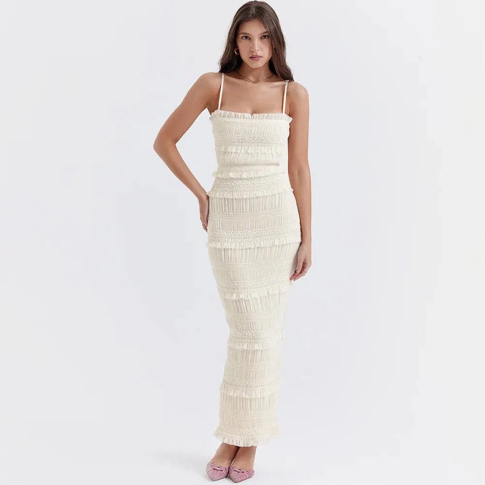 Amozae  Summer Maxi Spaghettt Strap Wed Bride Dress Elegant Formal Occasion Beige Slim Party Even Dress Women