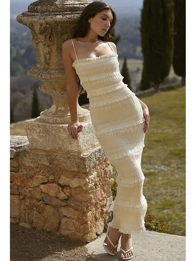 Amozae  Summer Maxi Spaghettt Strap Wed Bride Dress Elegant Formal Occasion Beige Slim Party Even Dress Women