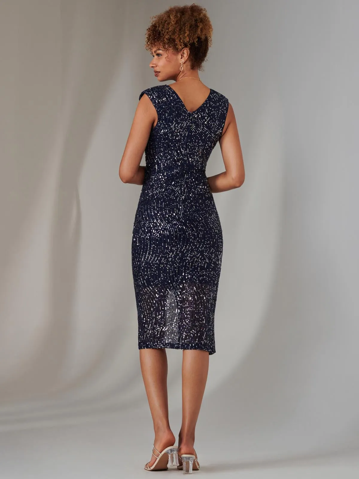 Deja Sequin Midi Dress With Slit, Navy Silver
