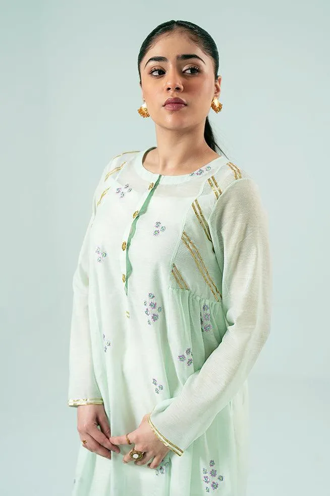 FOZIA KHALID  - Floral Paneled Tunic - Light Mint - Paper Silk - 1 Piece