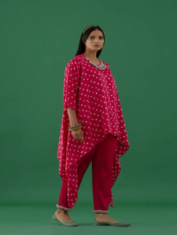 Hot Pink Bandhani Modal Satin Tunic With Ghungroo Lycra Pants (Set of 2)