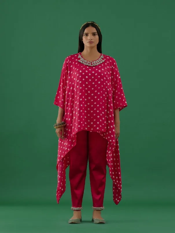 Hot Pink Bandhani Modal Satin Tunic With Ghungroo Lycra Pants (Set of 2)