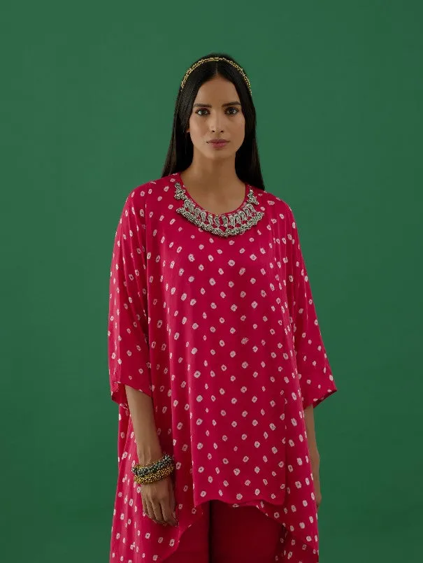 Hot Pink Bandhani Modal Satin Tunic With Ghungroo Lycra Pants (Set of 2)