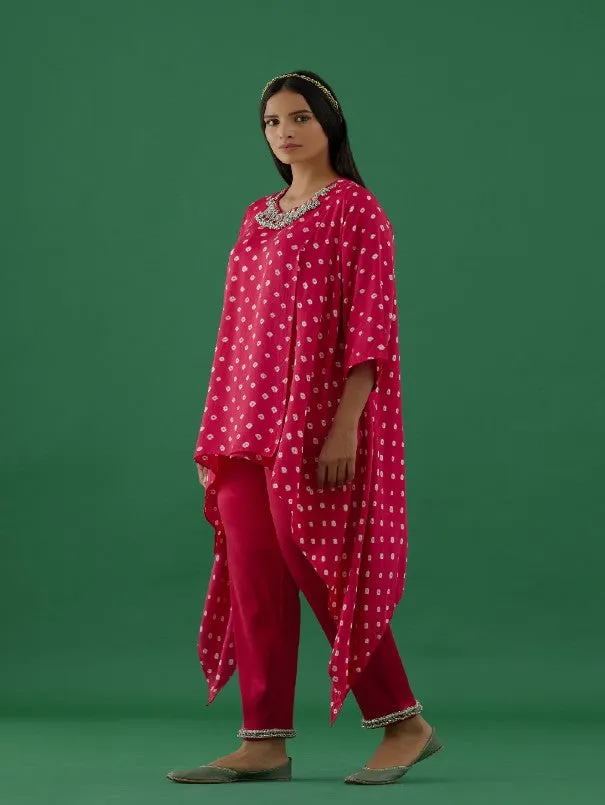 Hot Pink Bandhani Modal Satin Tunic With Ghungroo Lycra Pants (Set of 2)