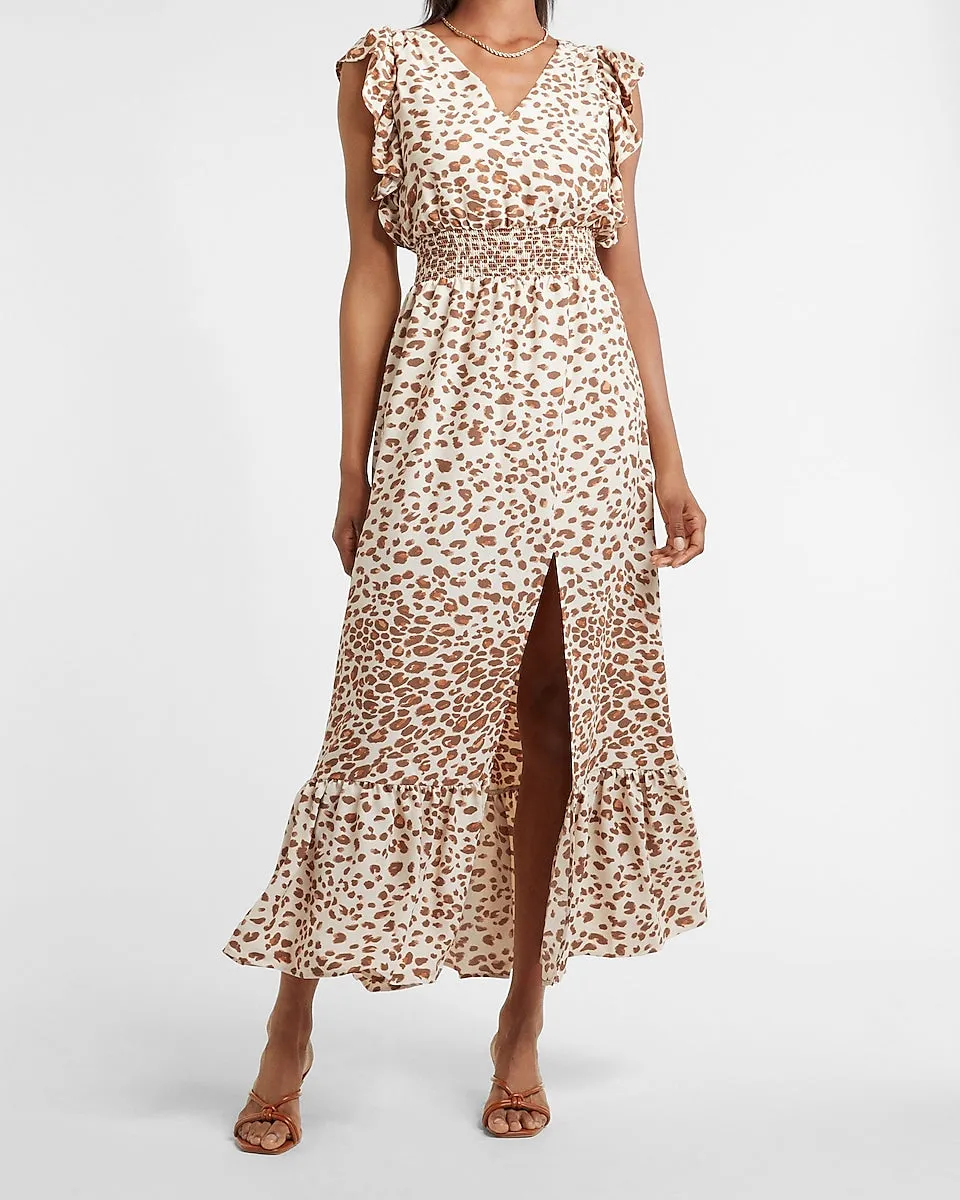 Leopard Ruffle Sleeve Smocked Waist Maxi Dress in Neutral Print