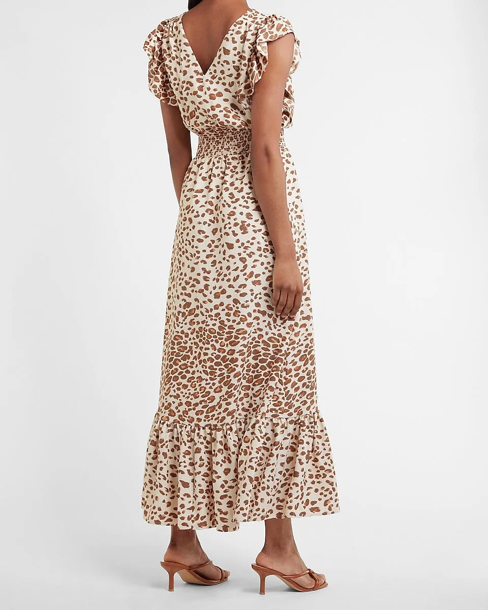 Leopard Ruffle Sleeve Smocked Waist Maxi Dress in Neutral Print