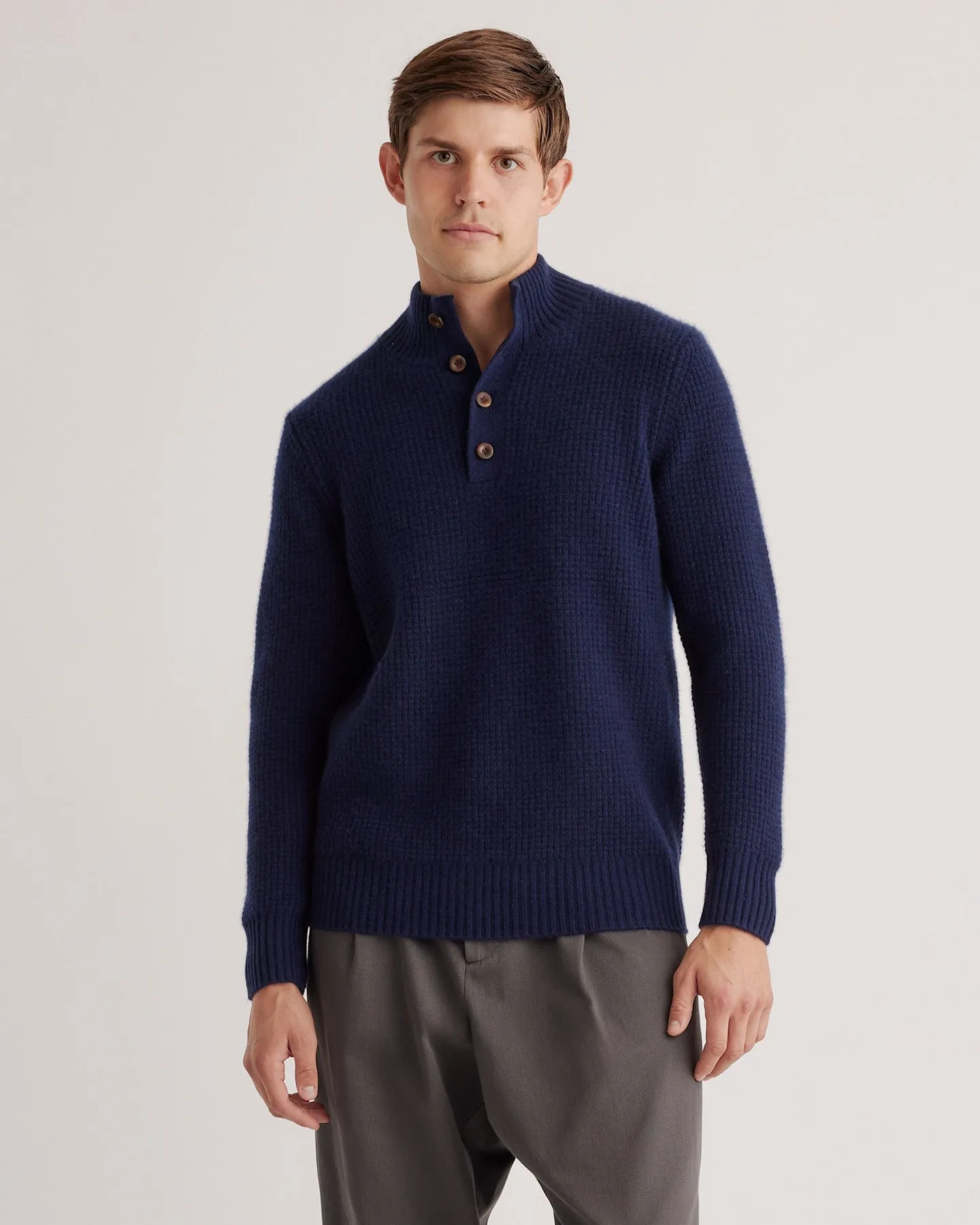 Lightweight Mongolian Cashmere Waffle Quarter Button Sweater