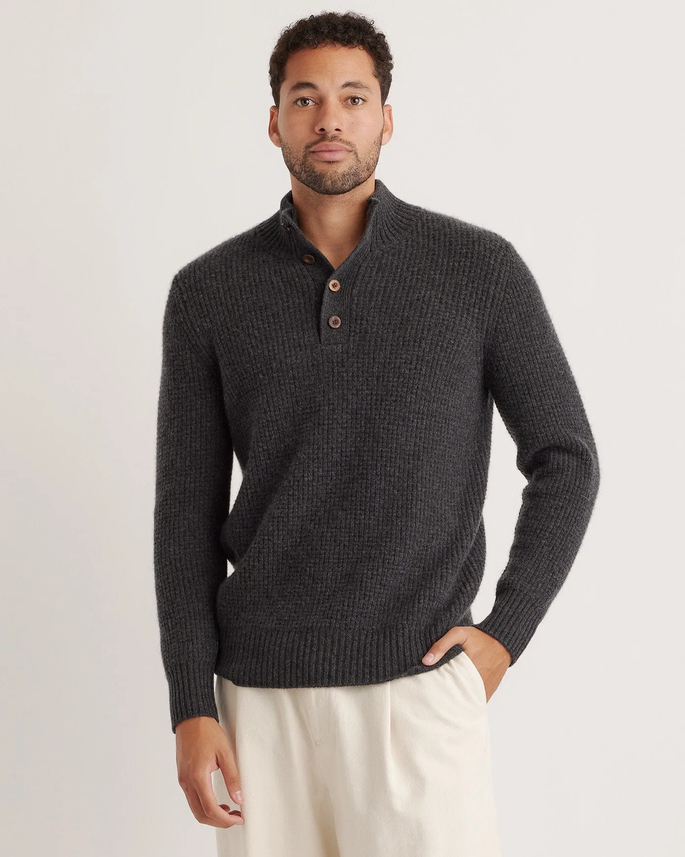 Lightweight Mongolian Cashmere Waffle Quarter Button Sweater