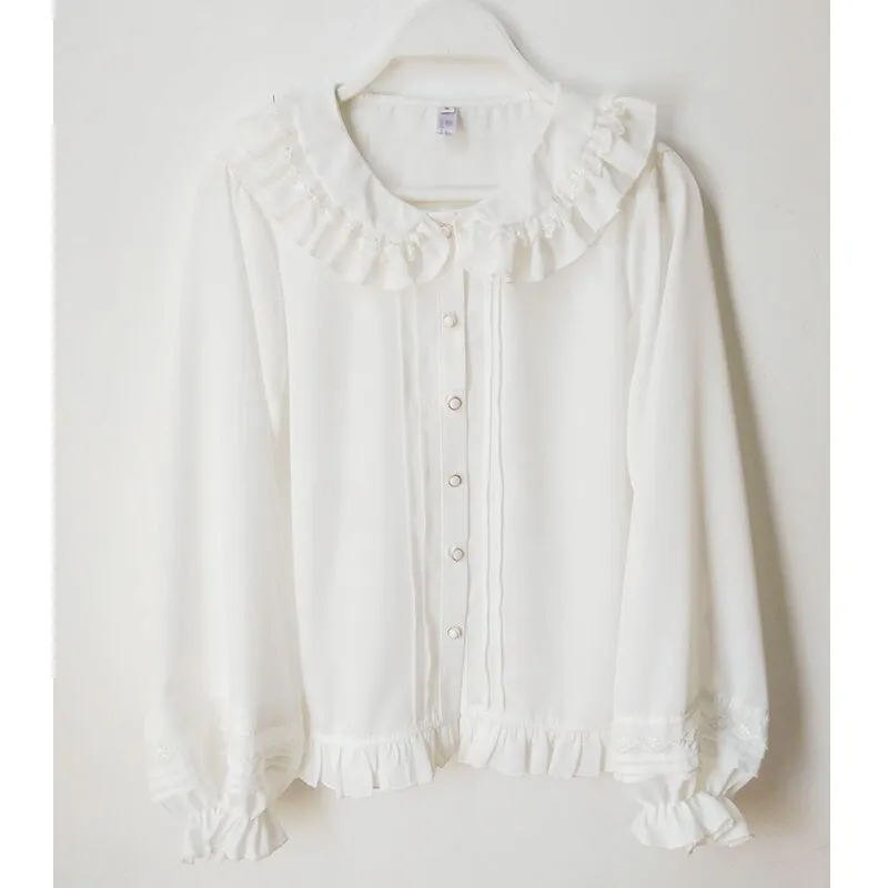 Long Lantern Sleeve Lolita Blouse Chiffon Peter Pan Collar White Shirt
