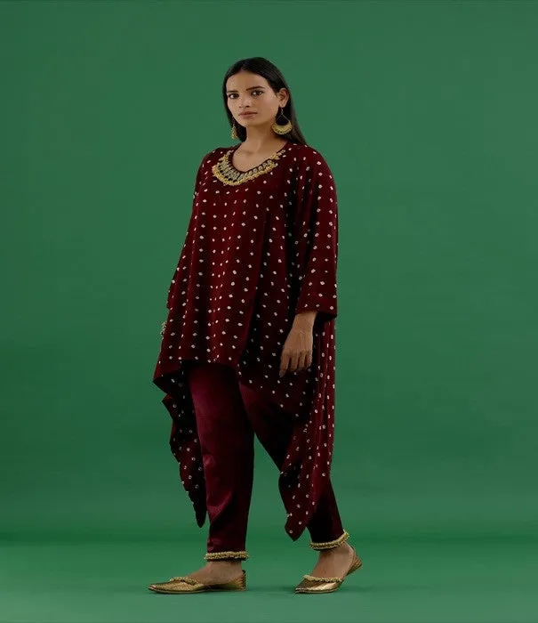 Maroon Bandhani Modal Satin Tunic