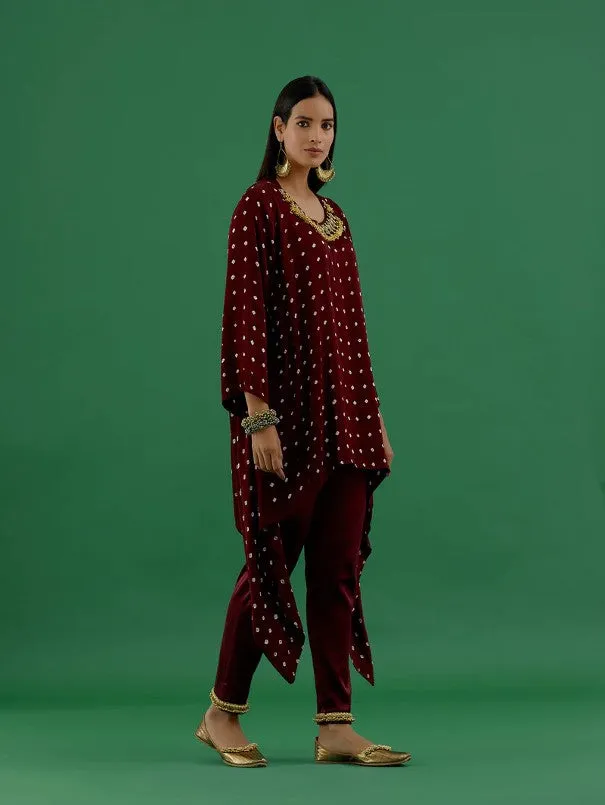 Maroon Bandhani Modal Satin Tunic
