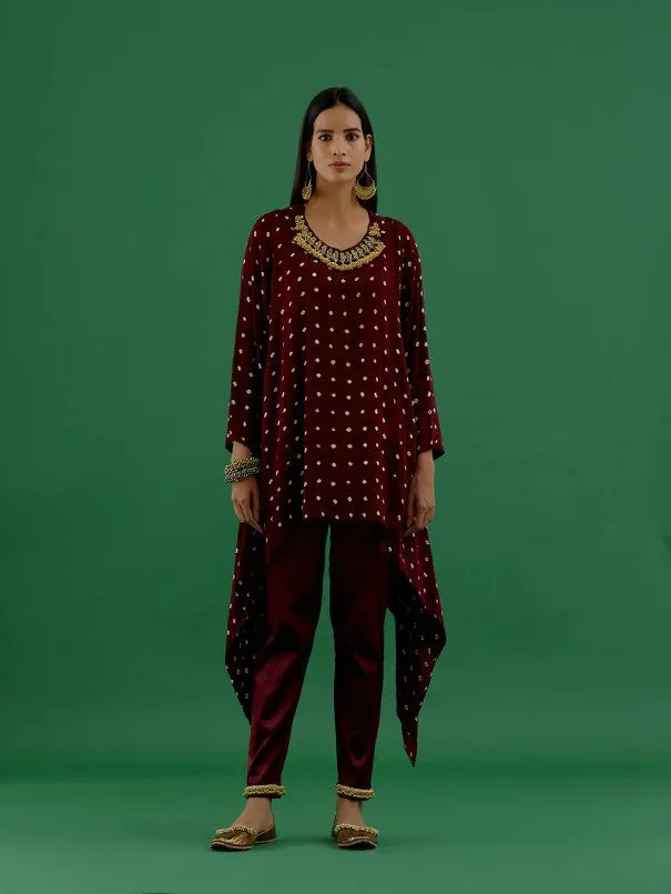 Maroon Bandhani Modal Satin Tunic