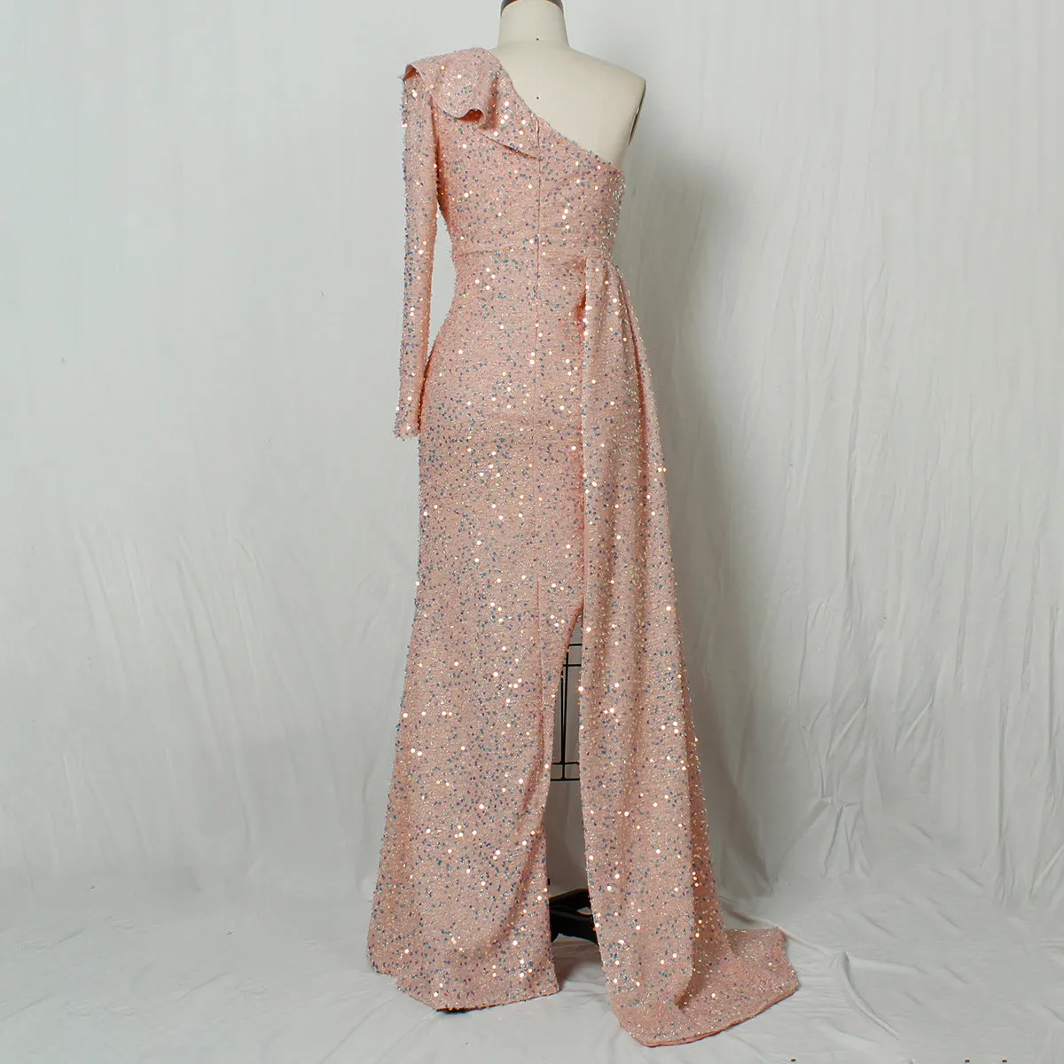 Mikayla Irregular One Shoulder Sequins Side Slit Maxi Dress