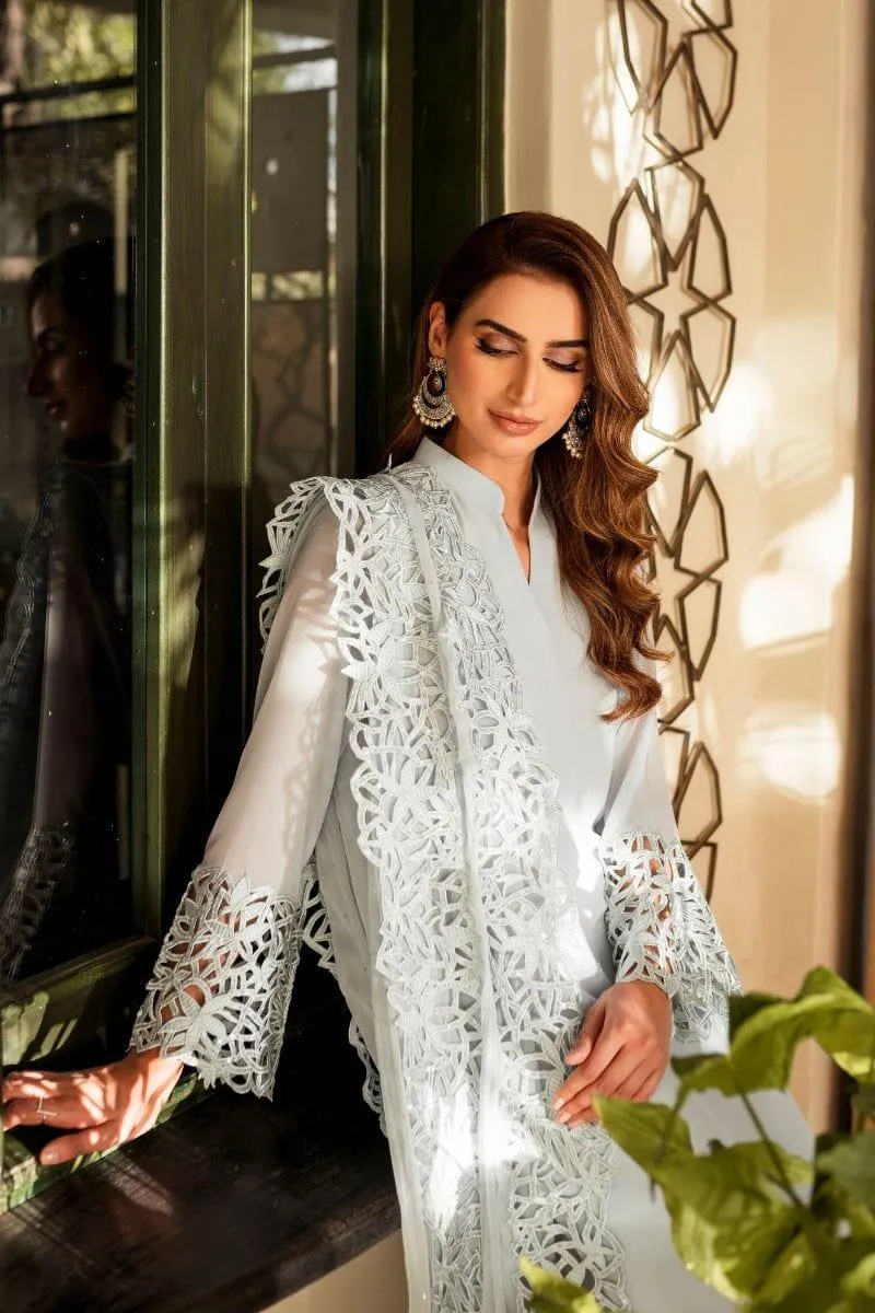 Natasha Kamal - Powder Blue Georgette Chiffon Shirt and Viscose Silk Pants with Mukesh Chiffon Dupatta - 3 Pieces