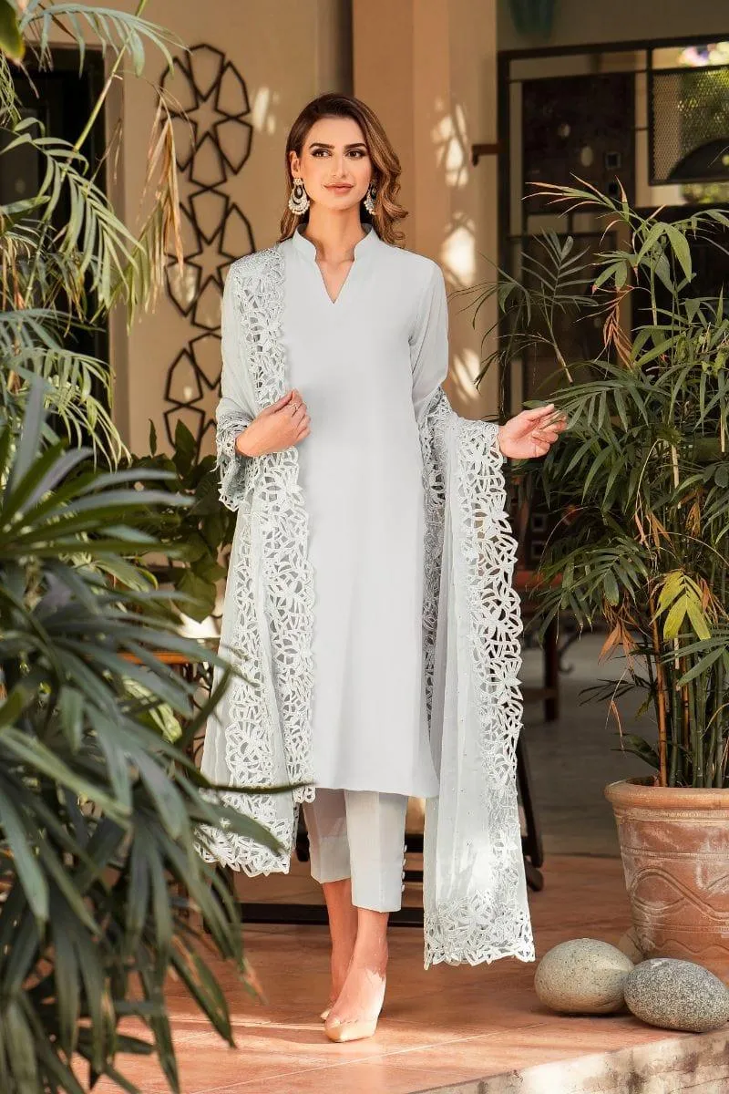Natasha Kamal - Powder Blue Georgette Chiffon Shirt and Viscose Silk Pants with Mukesh Chiffon Dupatta - 3 Pieces