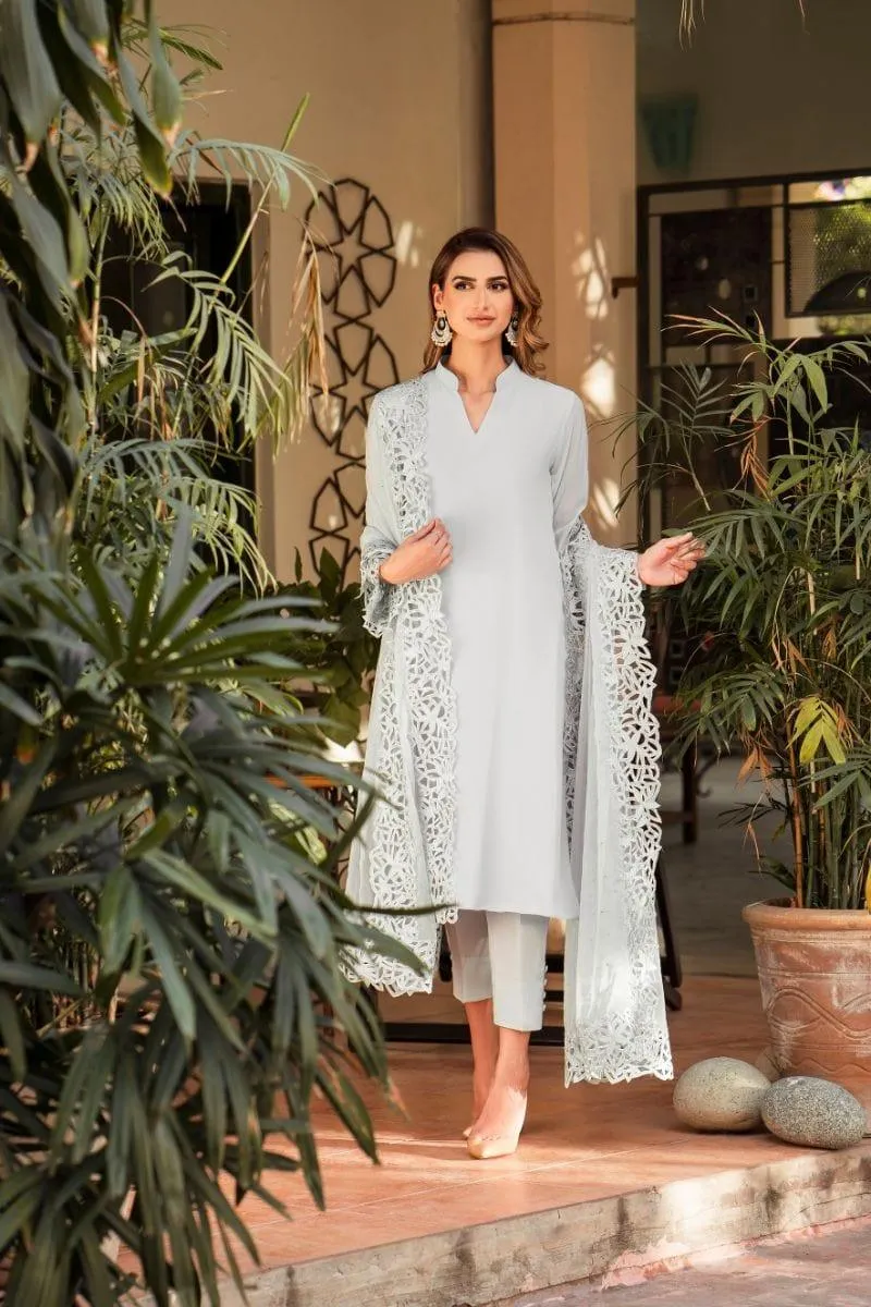 Natasha Kamal - Powder Blue Georgette Chiffon Shirt and Viscose Silk Pants with Mukesh Chiffon Dupatta - 3 Pieces
