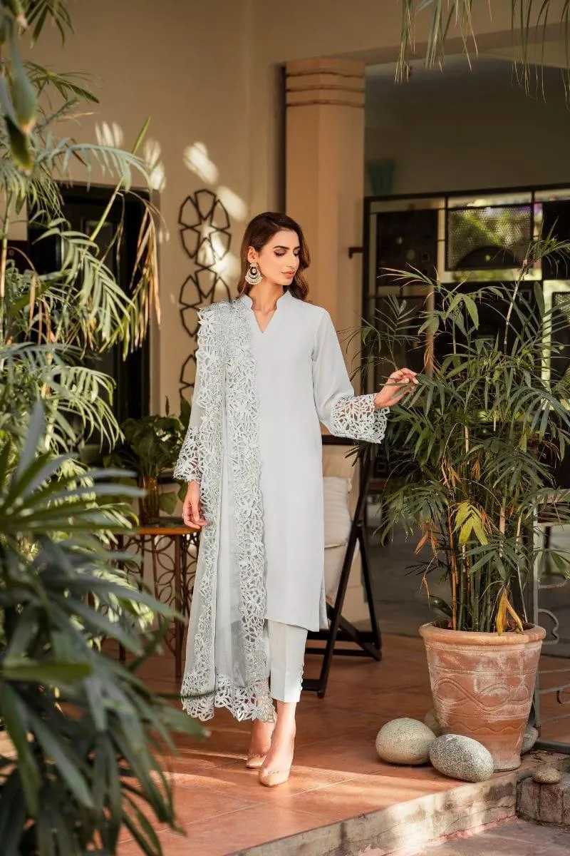 Natasha Kamal - Powder Blue Georgette Chiffon Shirt and Viscose Silk Pants with Mukesh Chiffon Dupatta - 3 Pieces