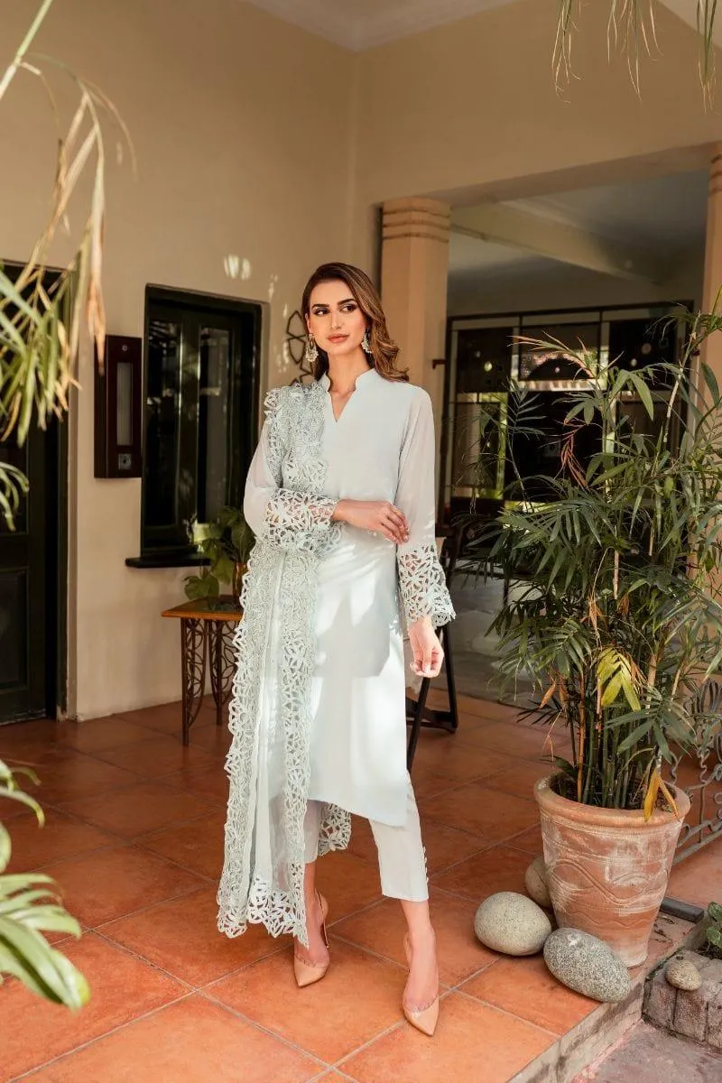 Natasha Kamal - Powder Blue Georgette Chiffon Shirt and Viscose Silk Pants with Mukesh Chiffon Dupatta - 3 Pieces
