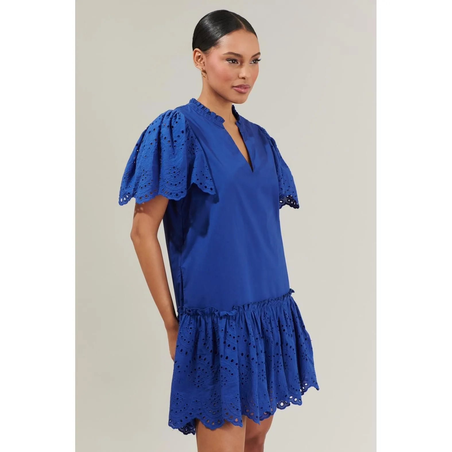 Navy Eyelet Trim Poplin Mini Dress