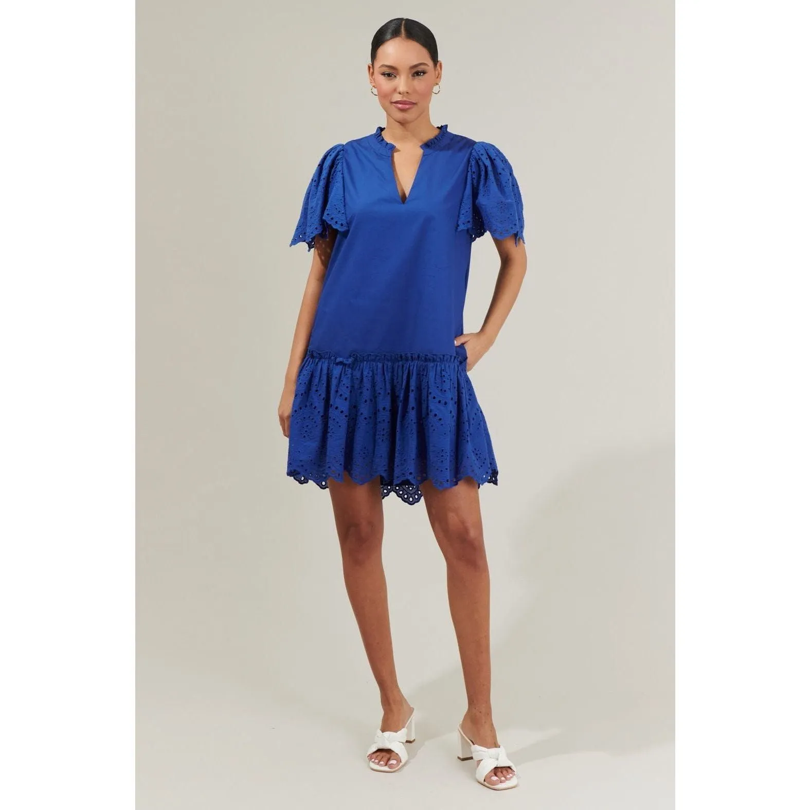 Navy Eyelet Trim Poplin Mini Dress