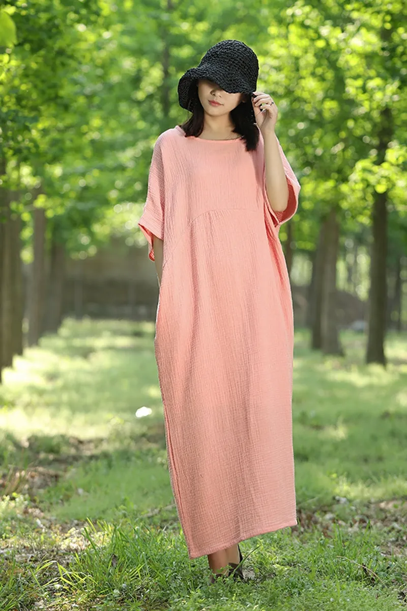 Plus Size Quilted Bat Sleeve Cotton Maxi Dress Q1457