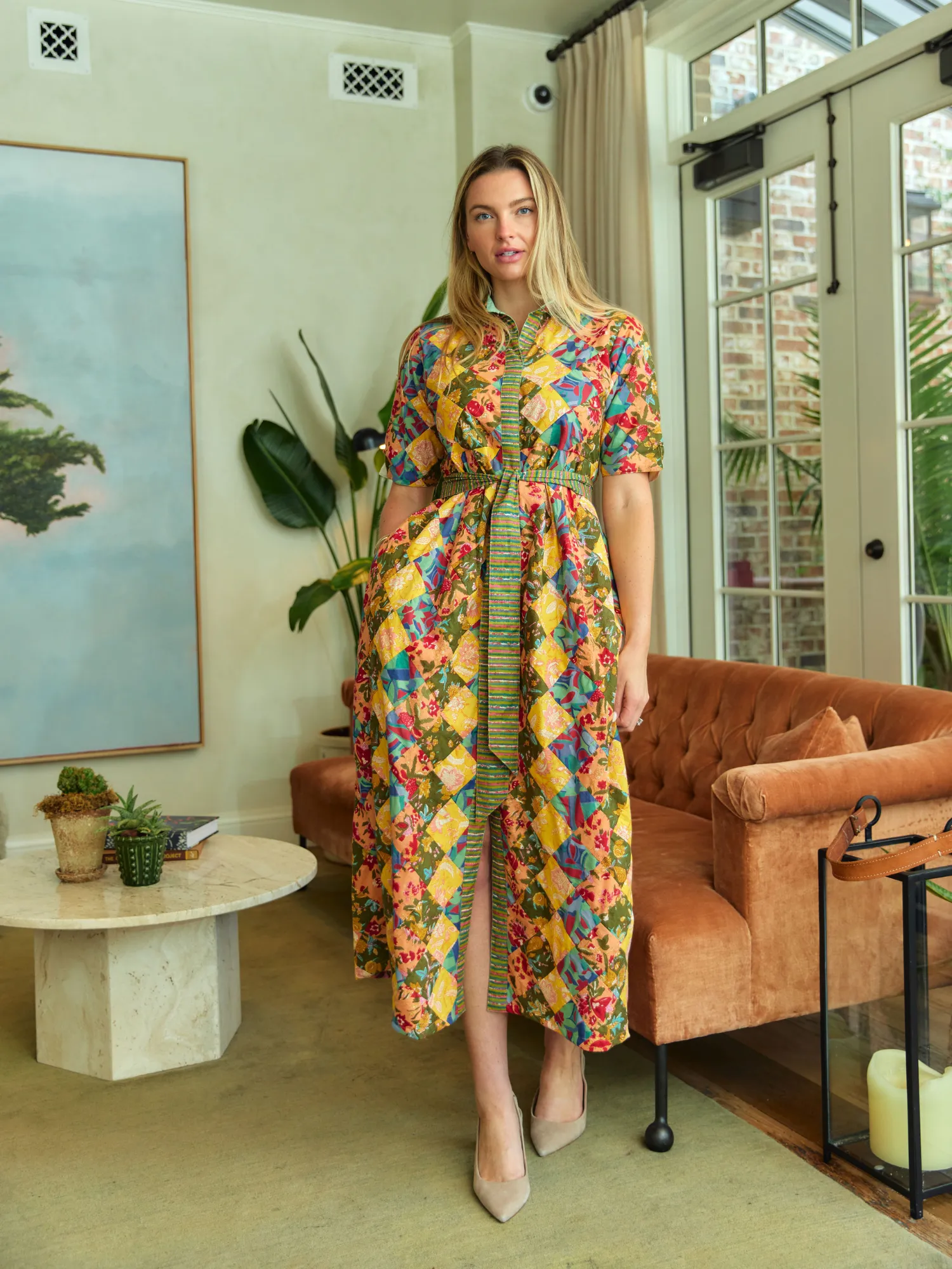 Quilted Maxi Dress in Multi Mini Square
