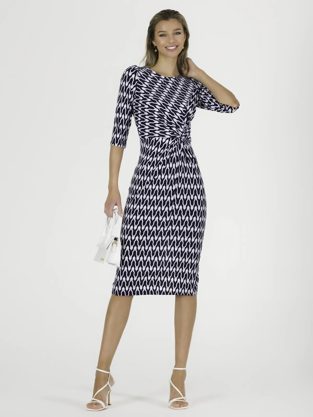 Qyara Jersey Twist Bodycon Midi Dress, Navy Geo