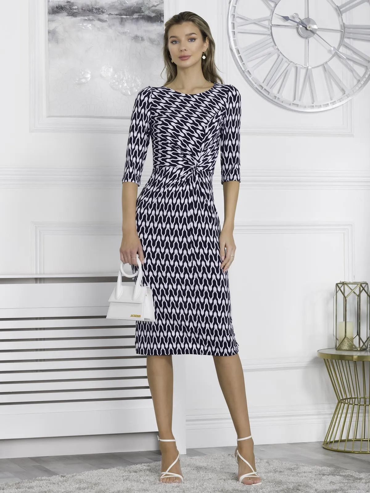 Qyara Jersey Twist Bodycon Midi Dress, Navy Geo