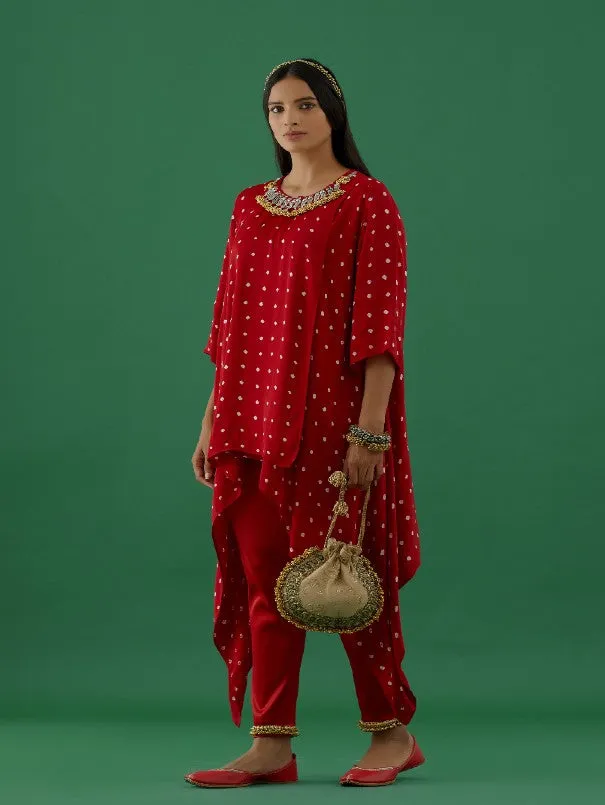 Red Ghungroo Embellished Bandhani Modal Satin Tunic