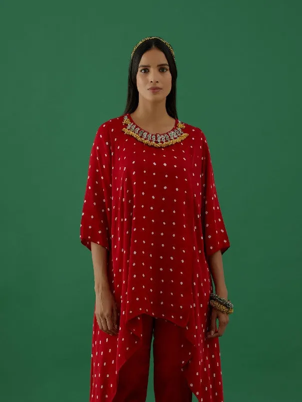 Red Ghungroo Embellished Bandhani Modal Satin Tunic