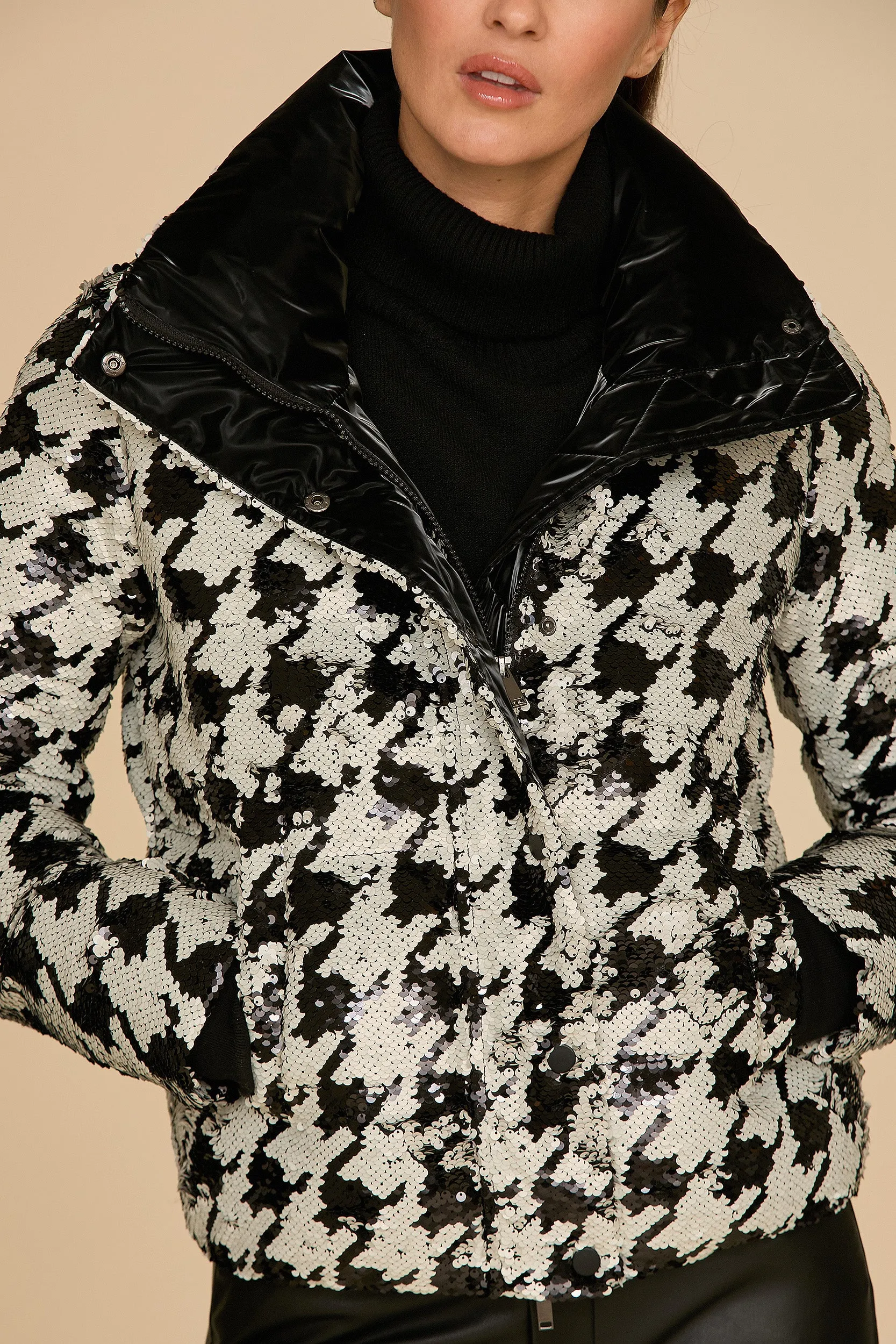 Sequin Puffer Jacket - Houndstooth