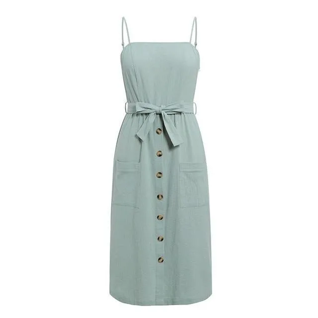 Sexy Sleeveless Solid Buttons Belt High Waist Beach Casual Holiday Chic Maxi Dress