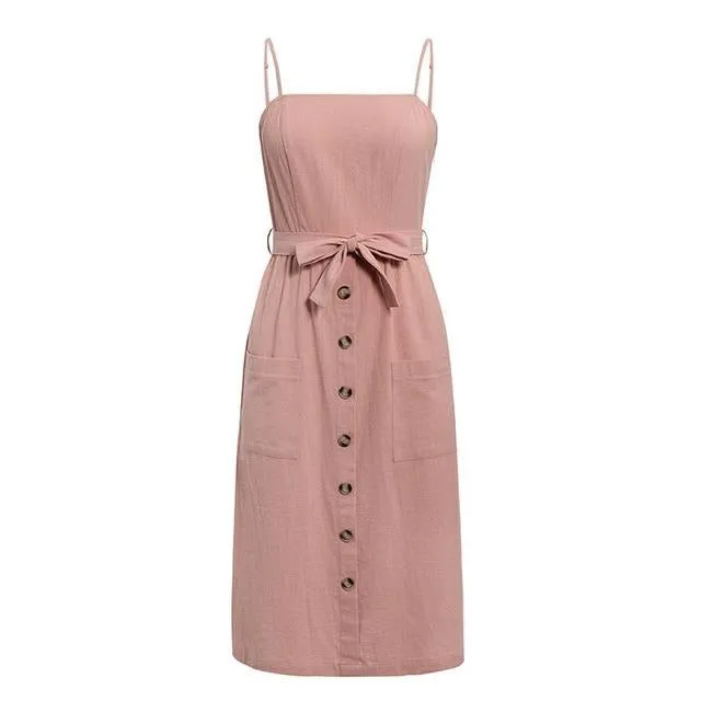 Sexy Sleeveless Solid Buttons Belt High Waist Beach Casual Holiday Chic Maxi Dress