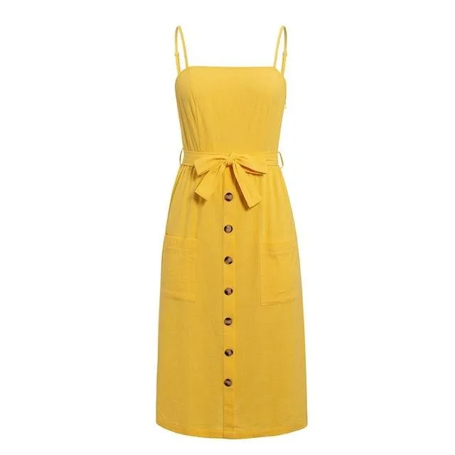 Sexy Sleeveless Solid Buttons Belt High Waist Beach Casual Holiday Chic Maxi Dress