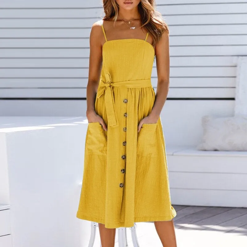 Sexy Sleeveless Solid Buttons Belt High Waist Beach Casual Holiday Chic Maxi Dress