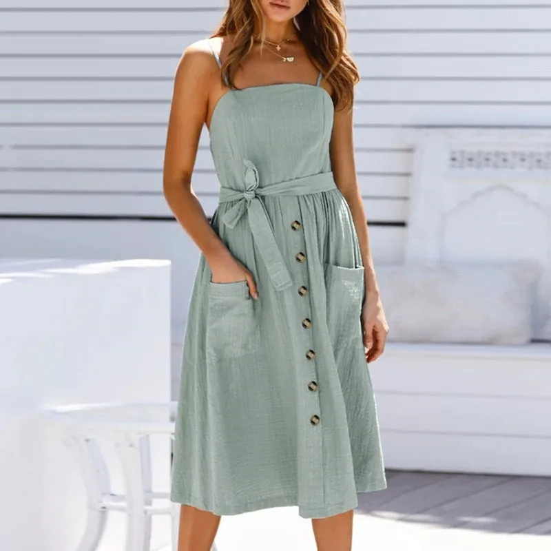 Sexy Sleeveless Solid Buttons Belt High Waist Beach Casual Holiday Chic Maxi Dress