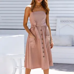 Sexy Sleeveless Solid Buttons Belt High Waist Beach Casual Holiday Chic Maxi Dress