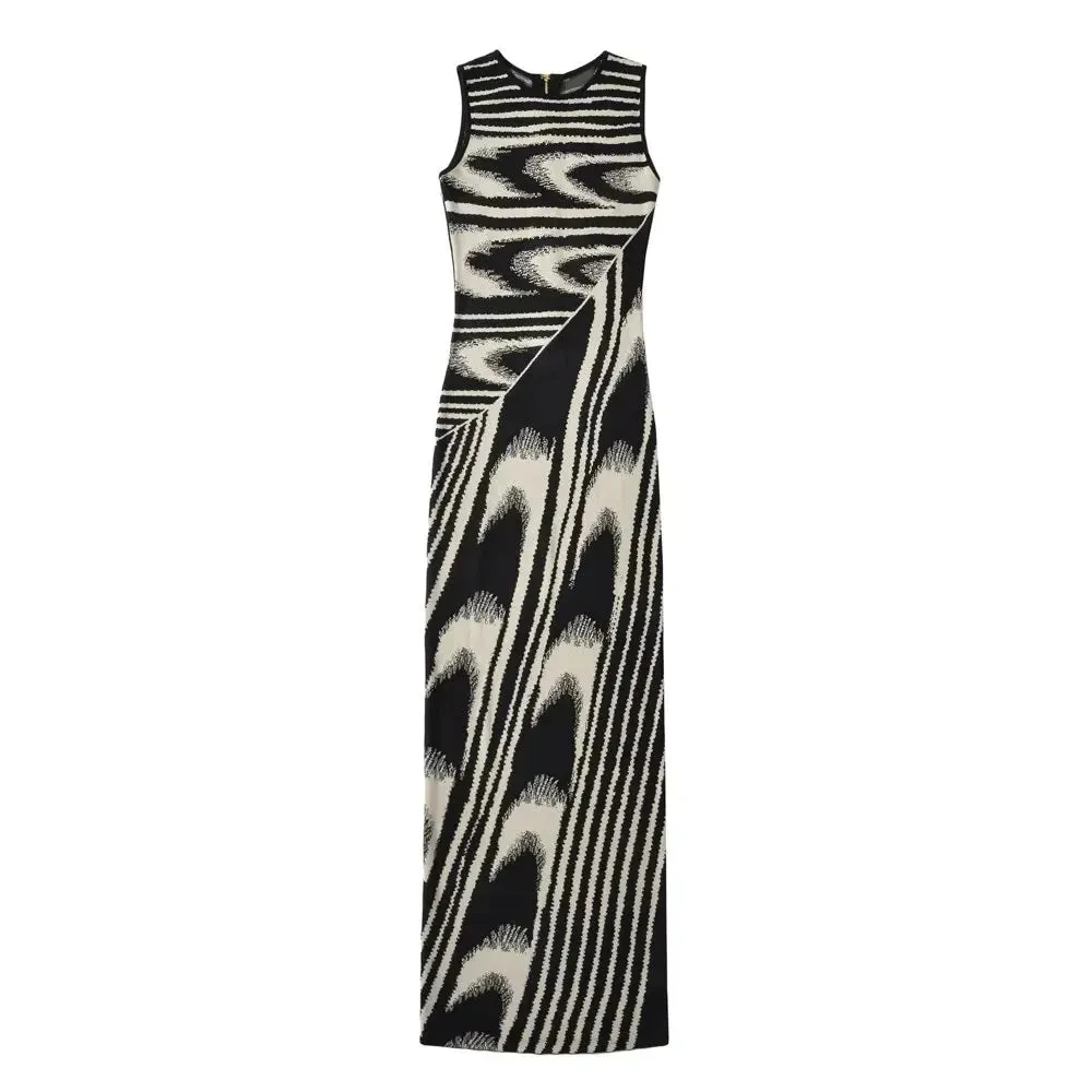 Striped Knitting Chic Dresses For Women Round Neck Sleeveless Off Shoulder High Waist Casual Bodycon Dress Female Fashion