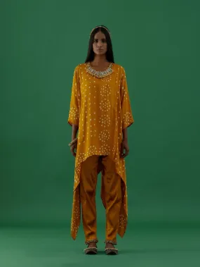 Yellow Bandhani Modal Satin Tunic With Ghungroo Lycra Pants (Set of 2)